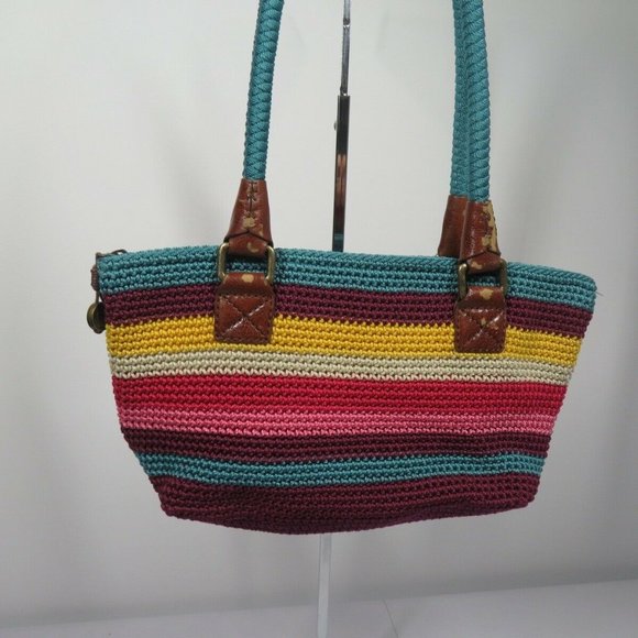 The Sak Boho Crochet Woven Rainbow Striped Shoulder Bag Firm Bottom Braided - Picture 3 of 6